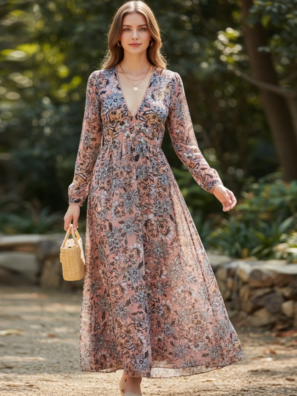 For Love & Lemons Dusty Rose Floral Maxi Dress